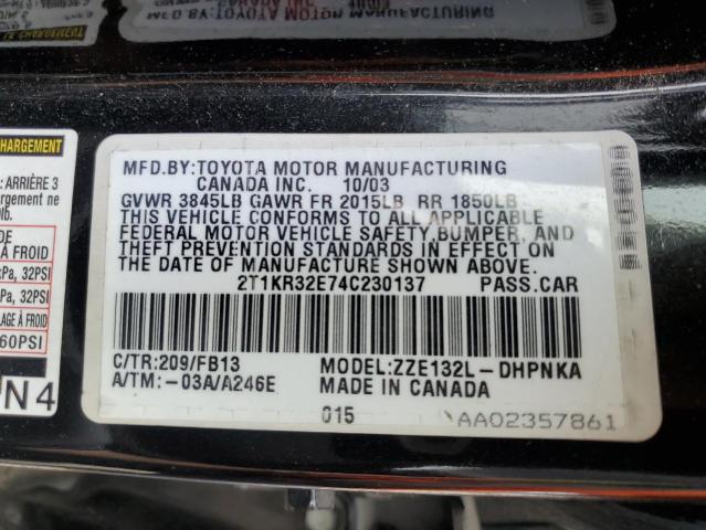 2T1KR32E74C230137 - 2004 TOYOTA COROLLA MA XR BLACK photo 13