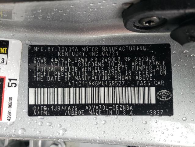 4T1C11AK6MU459527 - 2021 TOYOTA CAMRY LE SILVER photo 12