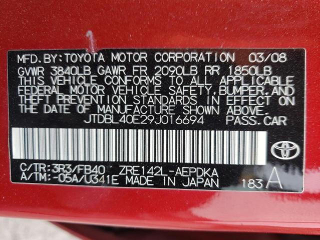 JTDBL40E29J016694 - 2009 TOYOTA COROLLA BASE RED photo 13