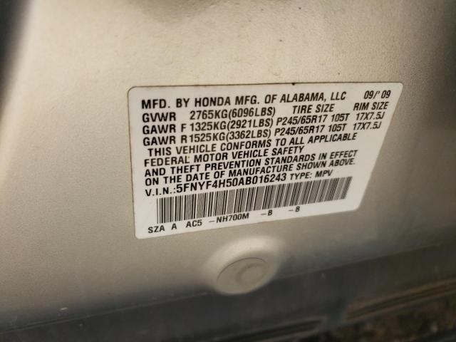 5FNYF4H50AB016243 - 2010 HONDA PILOT EXL SILVER photo 12