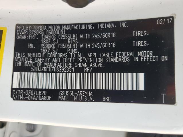 5TDJZRFH7HS392351 - 2017 TOYOTA HIGHLANDER SE 白色 照片 14