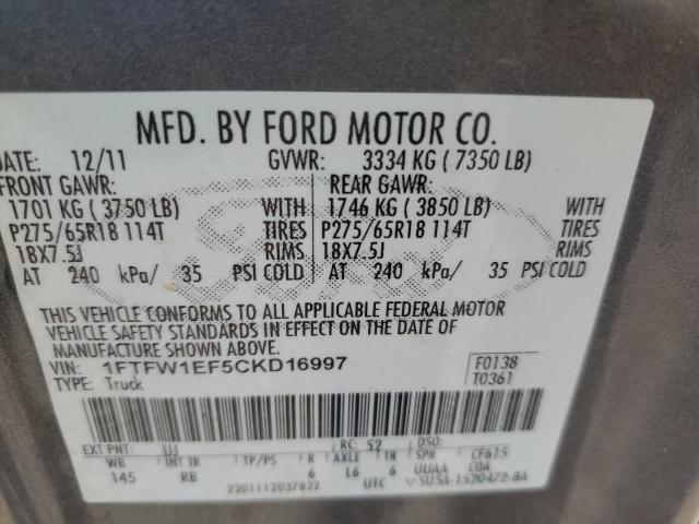 1FTFW1EF5CKD16997 - 2012 FORD F150 SUPERCREW GRAY photo 12