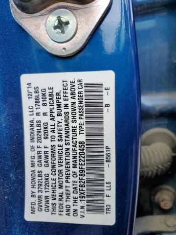 19XFB2F89FE220458 - 2015 HONDA CIVIC EX BLUE photo 12