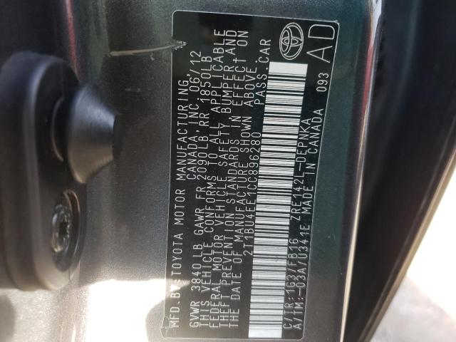 2T1BU4EE1CC896280 - 2012 TOYOTA COROLLA BASE GRAY photo 12