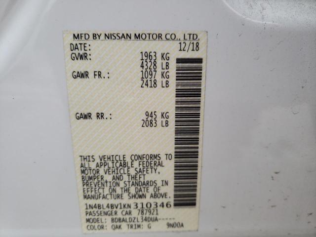 1N4BL4BV1KN310346 - 2019 NISSAN ALTIMA S WHITE photo 12