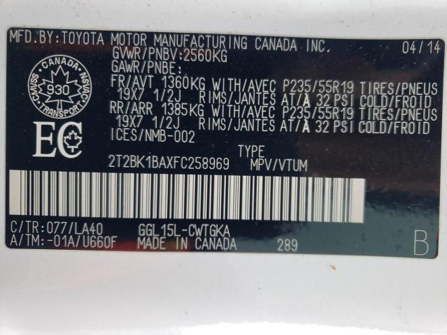 2T2BK1BAXFC258969 - 2015 LEXUS RX 350 BASE WHITE photo 14