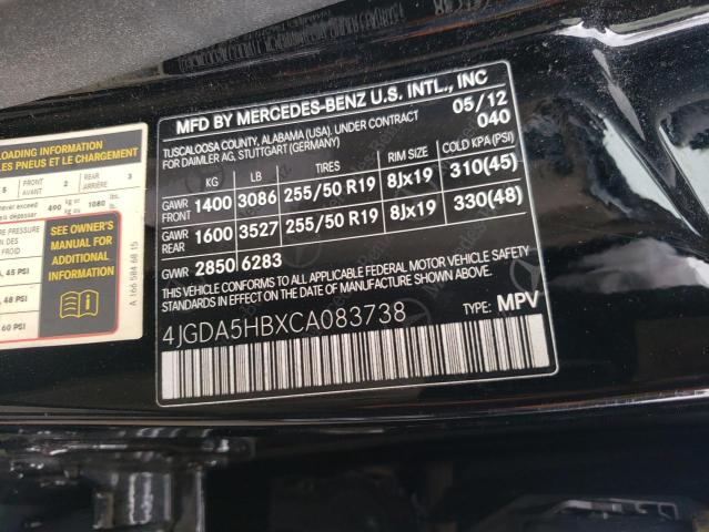 4JGDA5HBXCA083738 - 2012 MERCEDES-BENZ ML 350 4MATIC BLACK photo 12