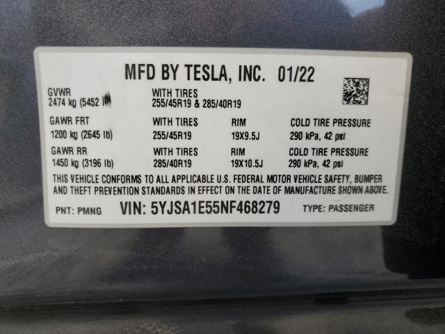 5YJSA1E55NF468279 - 2022 TESLA MODEL S GRAY photo 13