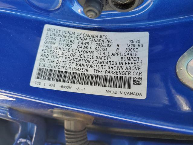 2HGFC2F66LH548529 - 2020 HONDA CIVIC LX BLUE photo 12