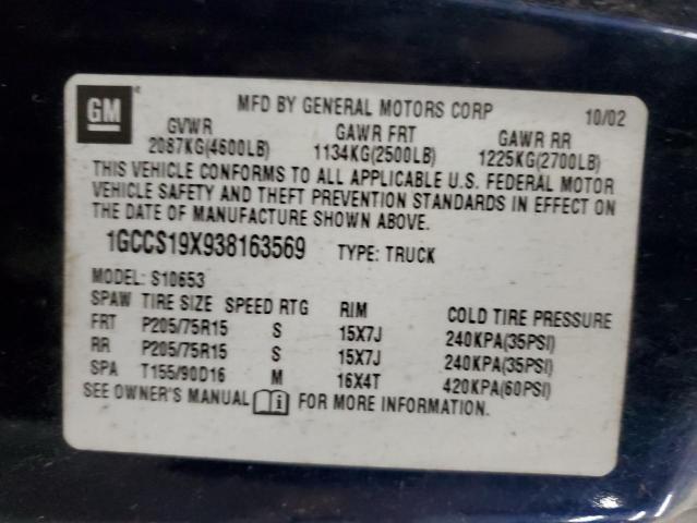 1GCCS19X938163569 - 2003 CHEVROLET S TRUCK S10 BLUE photo 12