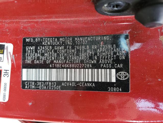 4T1BE46K88U227284 - 2008 TOYOTA CAMRY CE RED photo 12