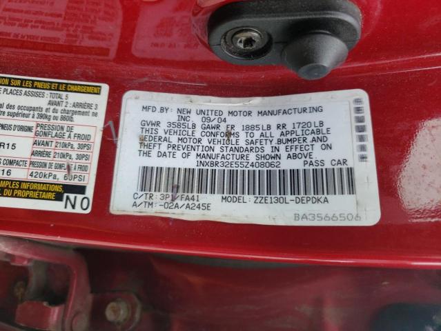 1NXBR32E55Z408062 - 2005 TOYOTA COROLLA CE RED photo 12