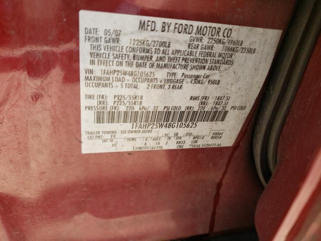 1FAHP25W48G105625 - 2008 FORD TAURUS LIMITED MAROON photo 12