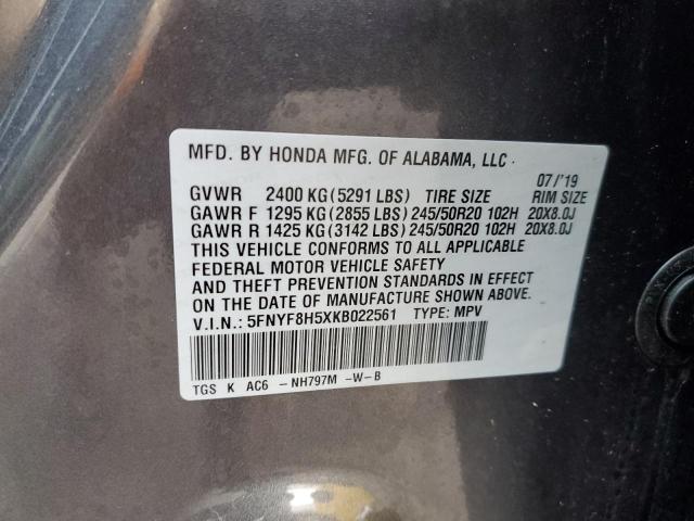 5FNYF8H5XKB022561 - 2019 HONDA PASSPORT EXL رمادي صورة 14