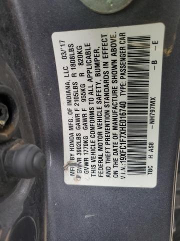 19XFC1F7XHE016740 - 2017 HONDA CIVIC EXL ნაცრისფერი ფოტო 12