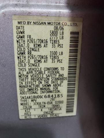 5N1AR18U06C684185 - 2006 NISSAN PATHFINDER LE 银色 照片 12