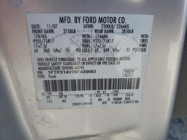 1FTPX14V78FA89693 - 2008 FORD F150 SILVER photo 12