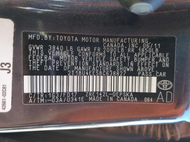 2T1BU4EE5BC638827 - 2011 TOYOTA COROLLA S GRAY photo 12