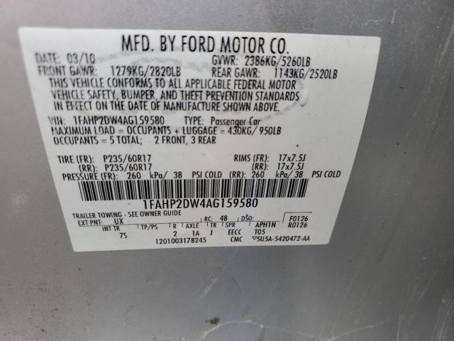 1FAHP2DW4AG159580 - 2010 FORD TAURUS SE SILVER photo 12