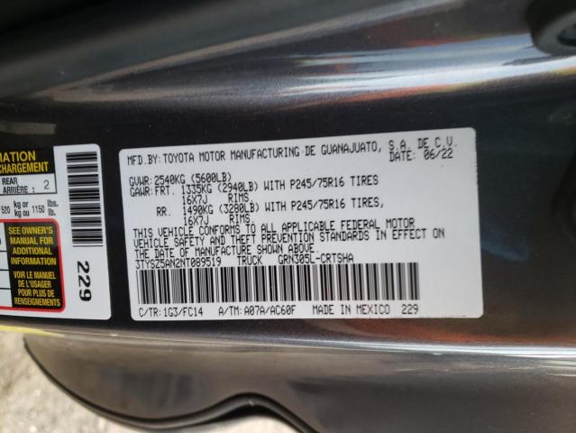 3TYSZ5AN2NT089519 - 2022 TOYOTA TACOMA ACCESS CAB ნაცრისფერი ფოტო 12