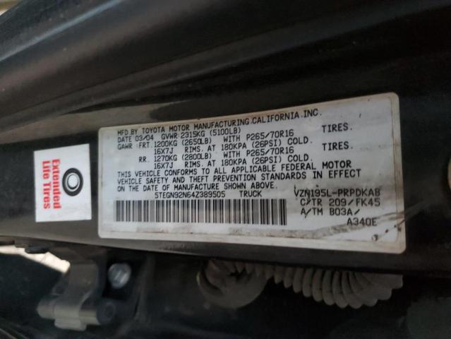 5TEGN92N64Z389505 - 2004 TOYOTA TACOMA DOUBLE CAB PRERUNNER BLACK photo 12