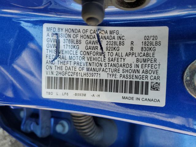 2HGFC2F61LH539771 - 2020 HONDA CIVIC LX BLUE photo 12