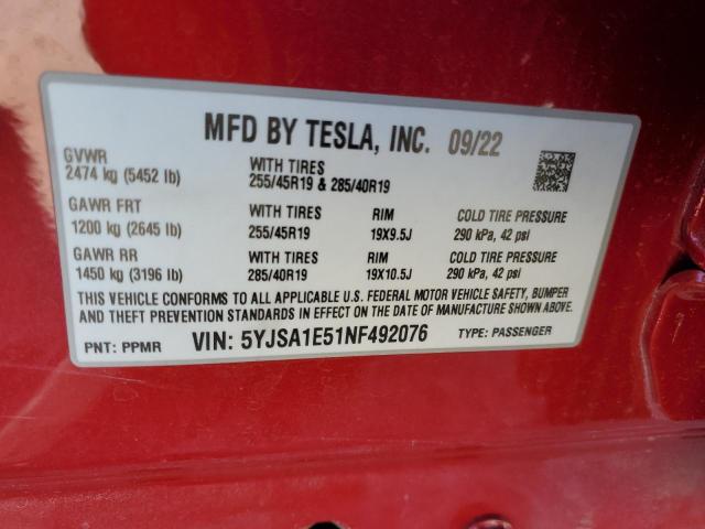 5YJSA1E51NF492076 - 2022 TESLA MODEL S Կարմիր լուսանկար 13