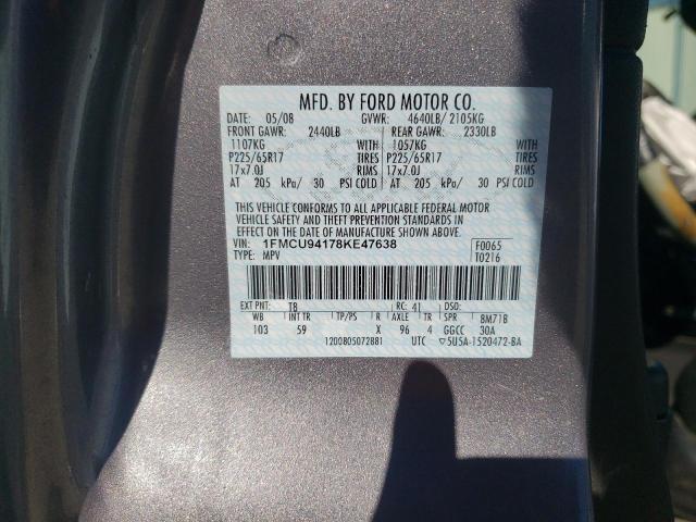 1FMCU94178KE47638 - 2008 FORD ESCAPE LIMITED GRAY photo 12