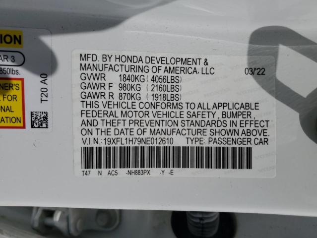 19XFL1H79NE012610 - 2022 HONDA CIVIC EXL თეთრი ფოტო 12