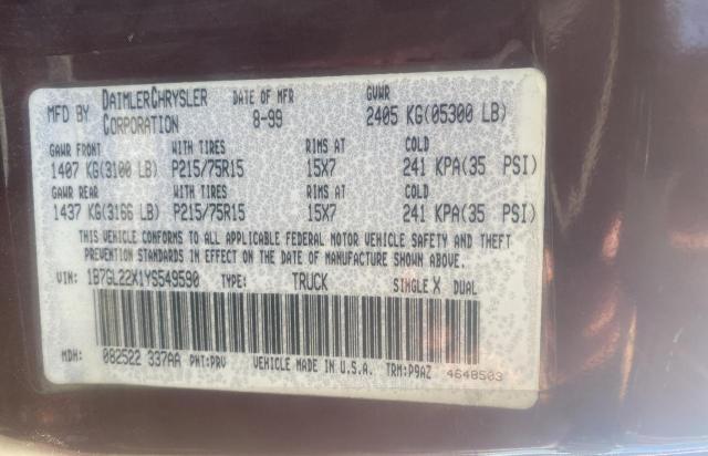 1B7GL22X1YS549590 - 2000 DODGE DAKOTA BURGUNDY photo 10