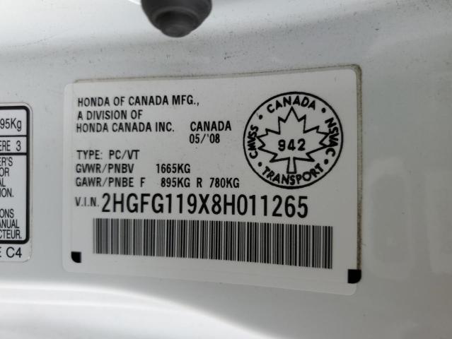 2HGFG119X8H011265 - 2008 HONDA CIVIC EXL თეთრი ფოტო 12