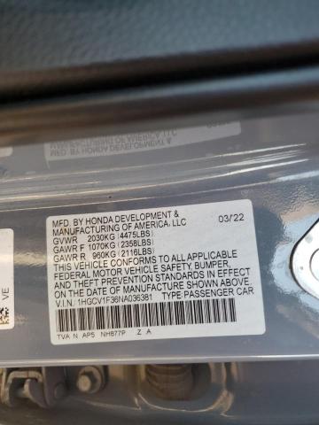 1HGCV1F36NA036381 - 2022 HONDA ACCORD SPORT GRAY photo 13