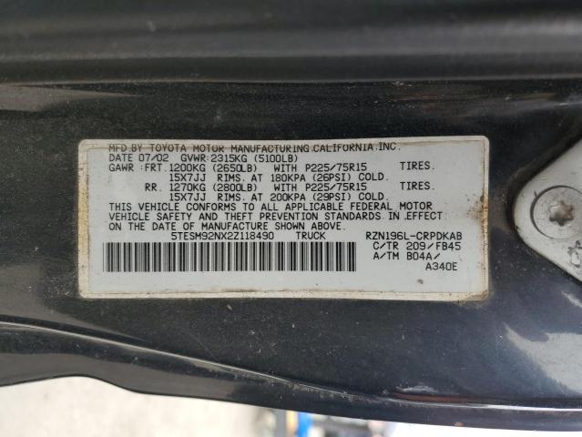 5TESM92NX2Z118490 - 2002 TOYOTA TACOMA XTRACAB PRERUNNER შავი ფოტო 12