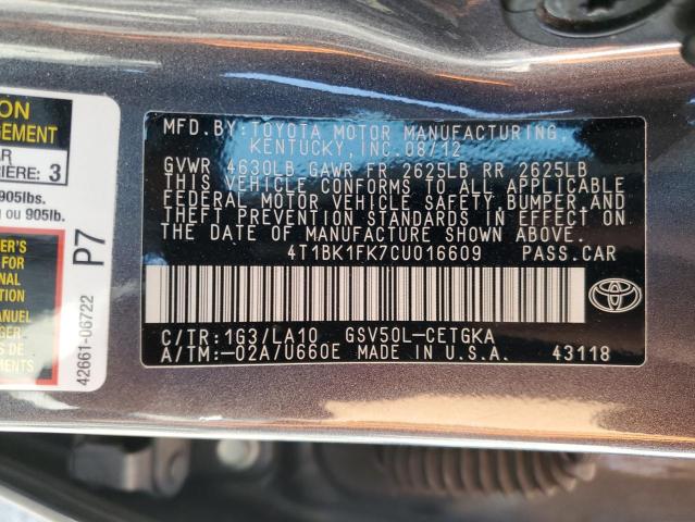 4T1BK1FK7CU016609 - 2012 TOYOTA CAMRY SE 灰色 照片 13