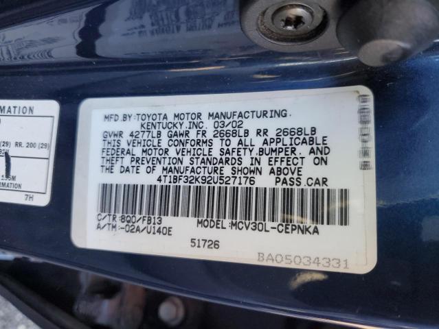 4T1BF32K92U527176 - 2002 TOYOTA CAMRY LE BLUE photo 12