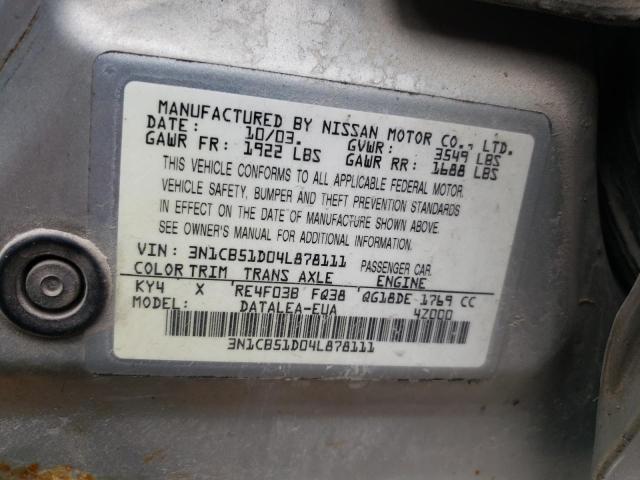 3N1CB51D04L878111 - 2004 NISSAN SENTRA 1.8 SILVER photo 13