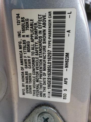 1HGES16385L016297 - 2005 HONDA CIVIC DX VP 银色 照片 12