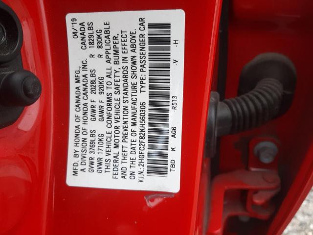 2HGFC2F82KH560306 - 2019 HONDA CIVIC SPORT RED photo 13