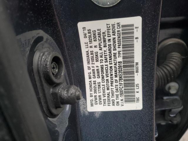 19XFC1F78KE203918 - 2019 HONDA CIVIC EXL ლურჯი ფოტო 12