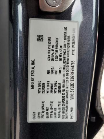 5YJ3E1EB2RF794755 - 2024 TESLA MODEL 3 GRAY photo 13