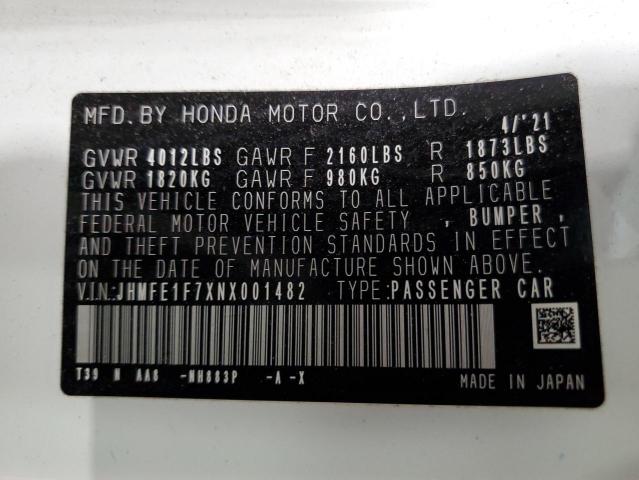 JHMFE1F7XNX001482 - 2022 HONDA CIVIC EX WHITE photo 12