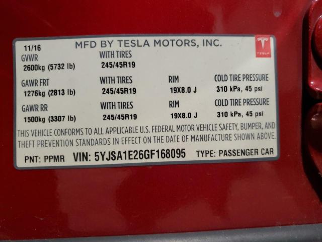 5YJSA1E26GF168095 - 2016 TESLA MODEL S Կարմիր լուսանկար 13