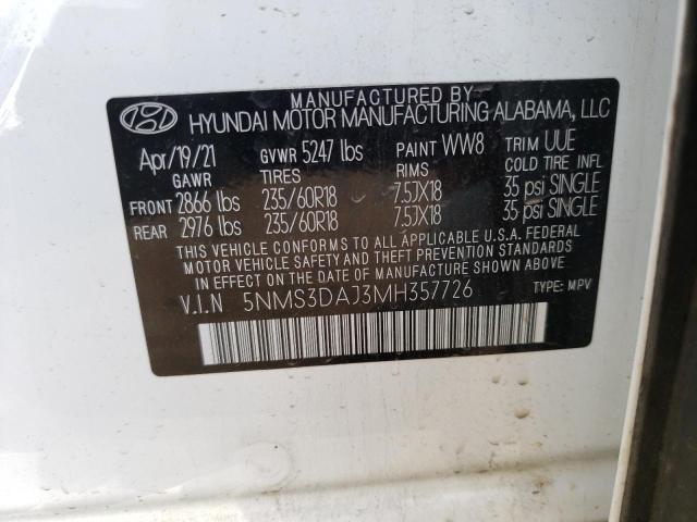 5NMS3DAJ3MH357726 - 2021 HYUNDAI SANTA FE SEL WHITE photo 13