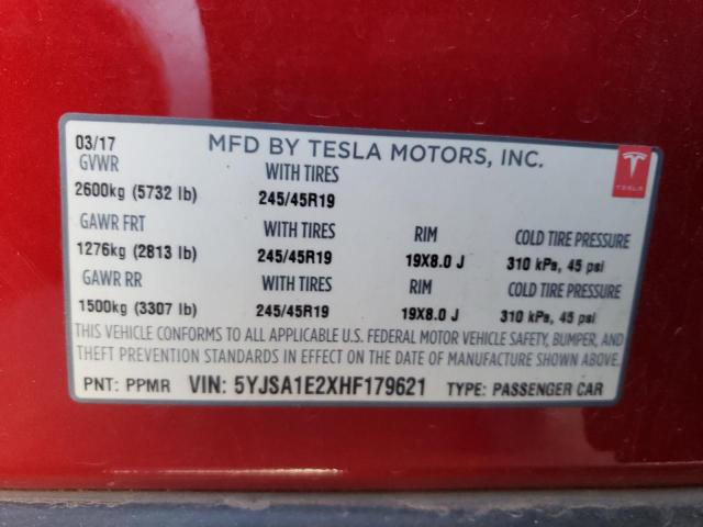 5YJSA1E2XHF179621 - 2017 TESLA MODEL S Բորդո լուսանկար 12