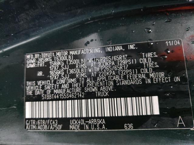 5TBBT44155S462142 - 2005 TOYOTA TUNDRA ACCESS CAB SR5 GREEN photo 12