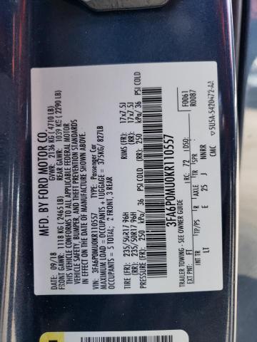 3FA6P0MU0KR110557 - 2019 FORD FUSION SEL BLUE photo 13