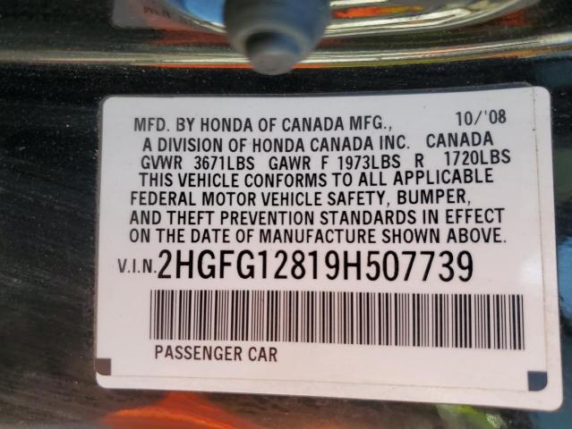 2HGFG12819H507739 - 2009 HONDA CIVIC EX BLACK photo 12