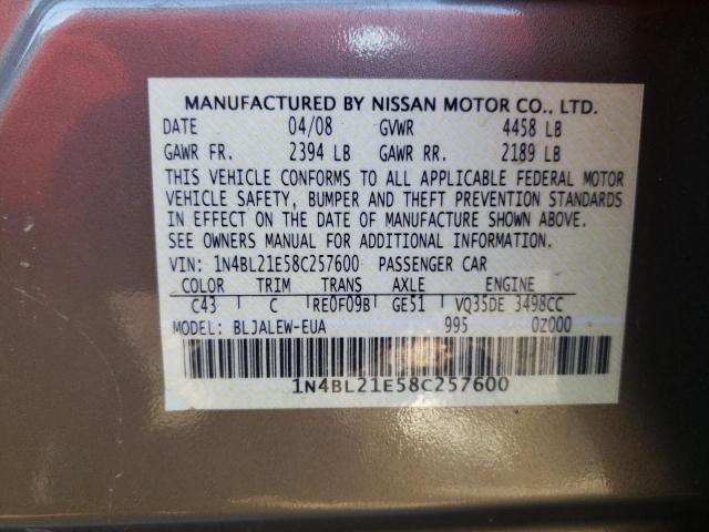 1N4BL21E58C257600 - 2008 NISSAN ALTIMA 3.5SE GRAY photo 12