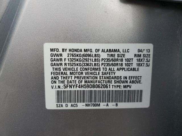 5FNYF4H59DB062061 - 2013 HONDA PILOT EXL SILVER photo 13