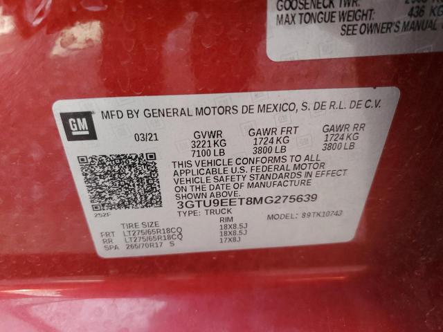 3GTU9EET8MG275639 - 2021 GMC SIERRA K1500 AT4 RED photo 12